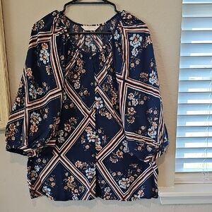 Bohemian Balloon Sleeve Top Blue And Pink Floral Size Large Womens Lauren Conrad